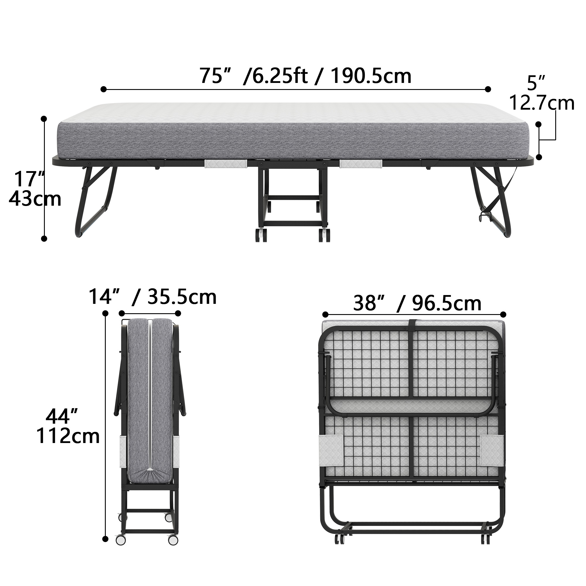 Folding Bed with Mattress 75" x 38" Twin Folded Bed, Rollaway Guest Bed Portable Foldable Extra Bed for Adults Daybed with 5" Memory Foam Mattress Space-Saving Sturdy Metal Grid Frame