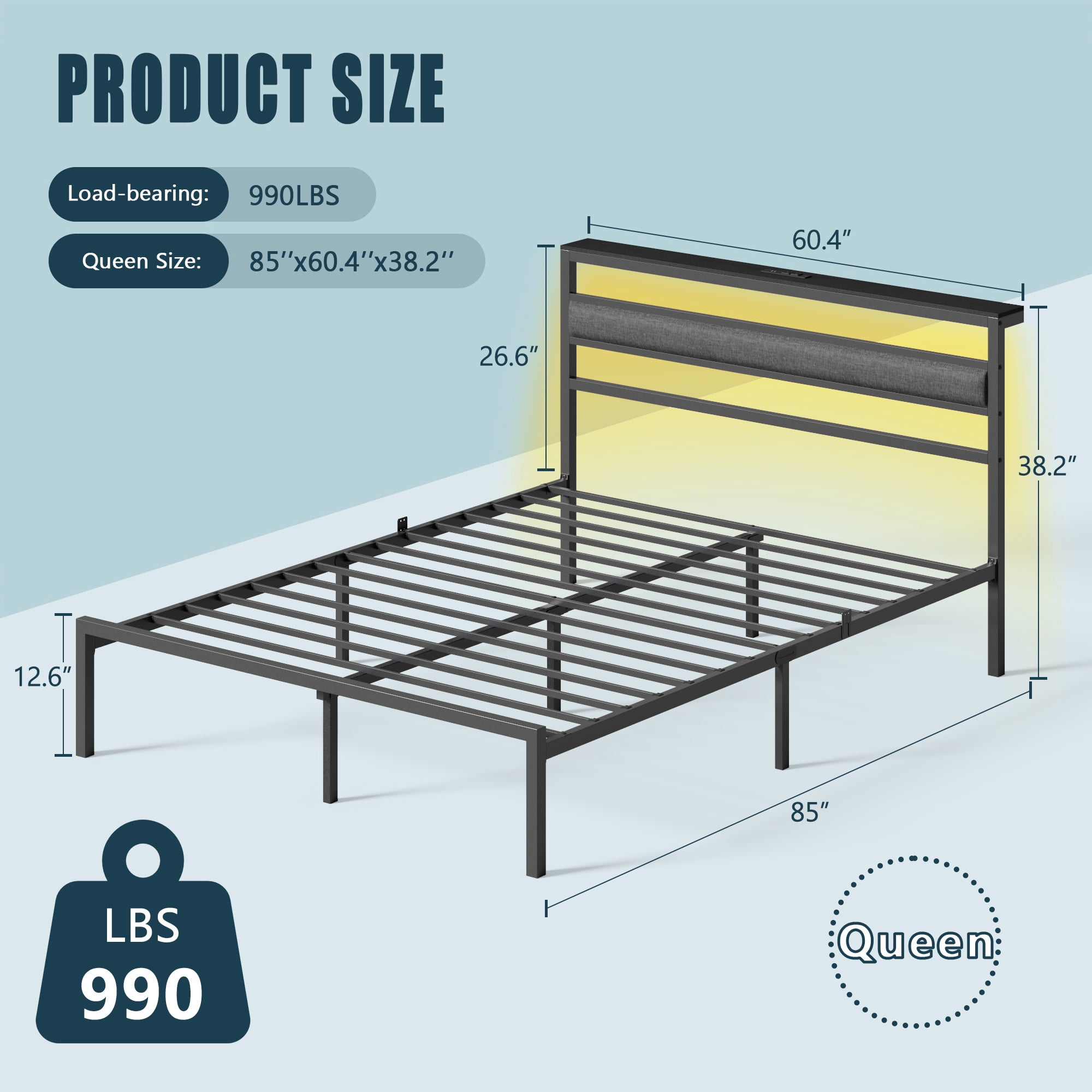 Satifur Queen Size Bed Frame with Upholstered Headboard & Shelf, LED Lights & USB Charging Station, Metal Black