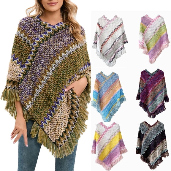 Women's Shawl, National Print Colourful Splice Poncho with Tassels, Knitted Shawl Scarf Fringed Sweater Cape, Boho Chic Wrap Cloak for Fall Winter and Music Festival-Blue