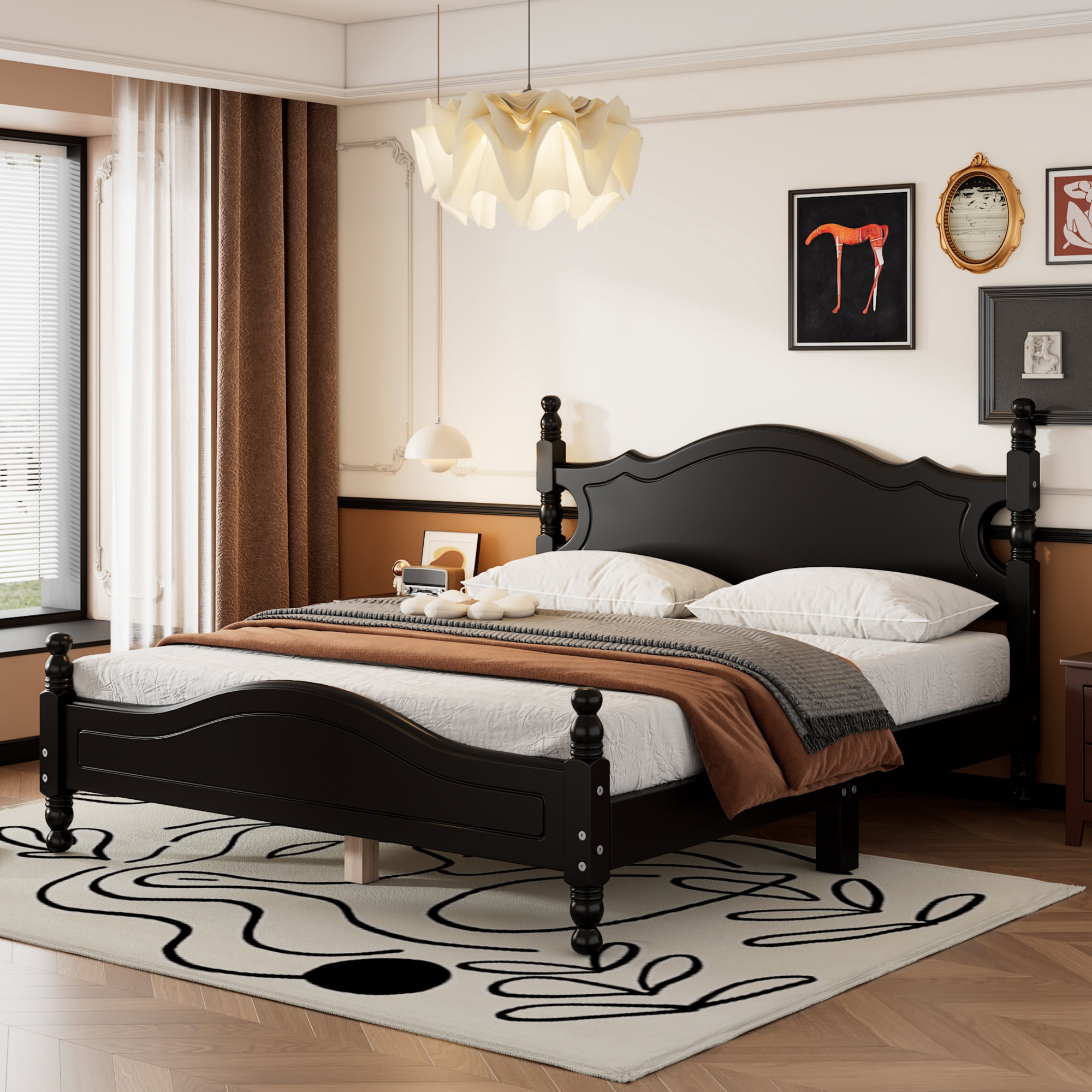 Euroco Wood Queen Size Retro Style Platform Bed, Black
