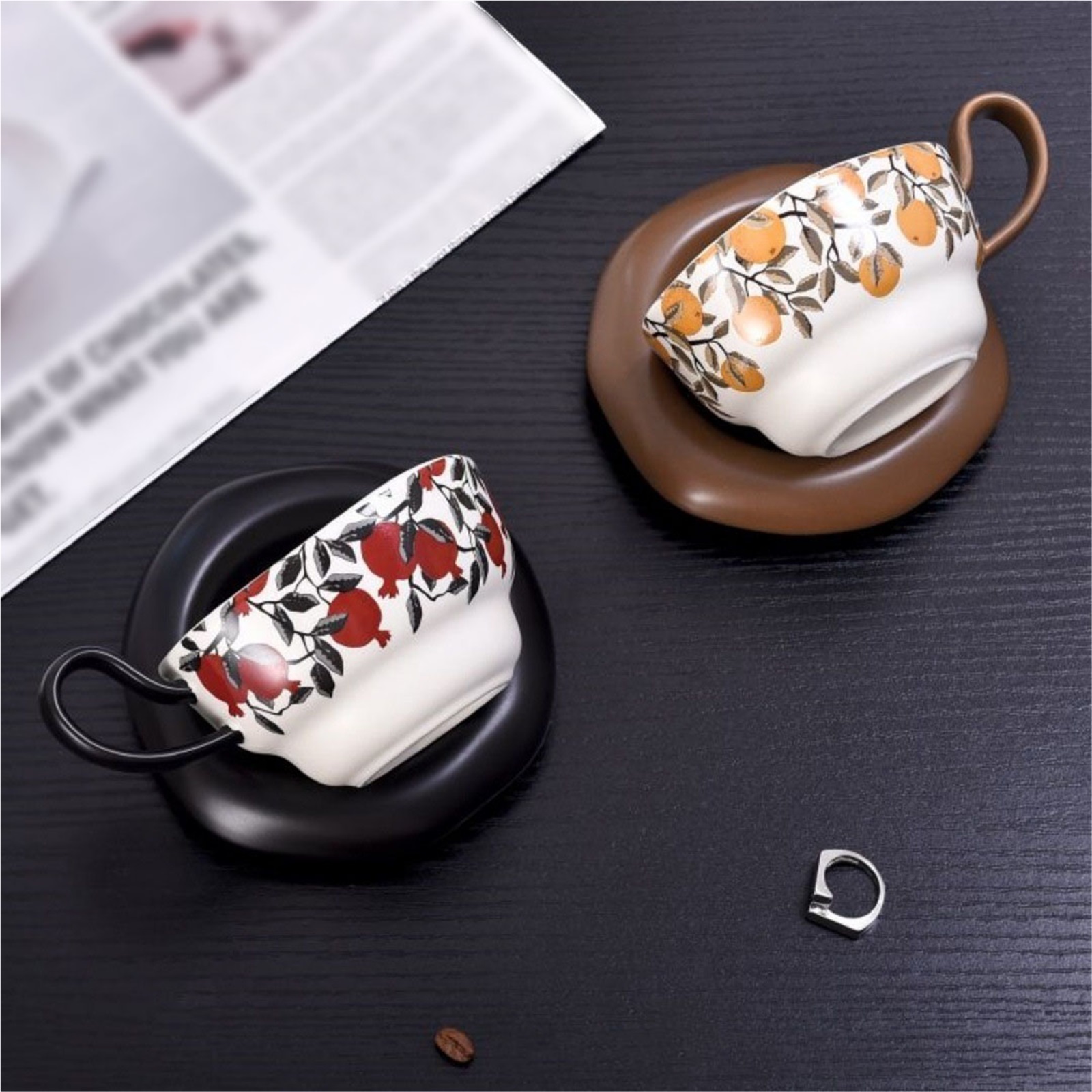 8.1oz Ceramic Coffee Mug with Saucer Set, Vintage Ceramic Latte Art Mug for Espresso, Milk, Americano