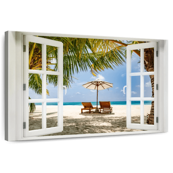 Elephant Stock Beach Window Wall Art - Horizontal Canvas Wall Art - Living Room Wall Decor - Beach Canvas - Beige And Brown Decor - 12" x 8"