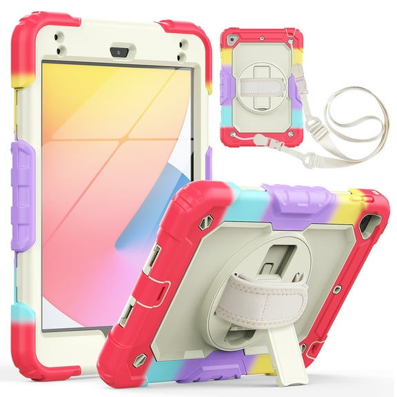 Allytech iPad mini 5 Case with Screen Protector, iPad mini 4 Case, Heavy Duty Rugged Protective Shockproof Rotating Stand Hand Shoulder Strap Kid Proof Case Cover for Apple iPad mini 5th 4th Gen,Red