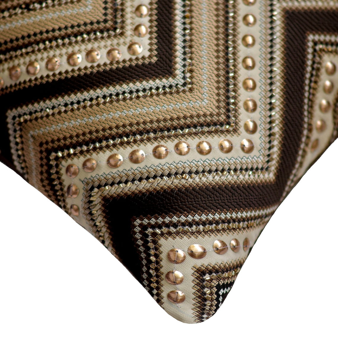 Pillow Case Zip, Brown 24"x24" (60x60 cm) Throw Pillow Covers, Jacquard Chevron, Beaded & Sequins Throw Pillows For Couch, Geometric Pattern Modern Style - Chevron Chic
