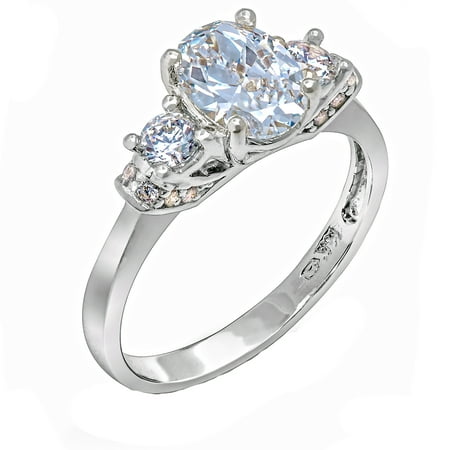 14K Solid White Gold 1 Ct. Round 3 Stone With Stones on Band CZ Engagement Ring