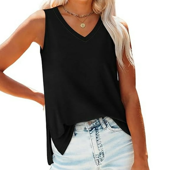 Tank Tops for Women Plus Size under $5 Sleeveless V-neck Slim Fitted Solid Color Hem Split Casual Tank Black 2XL
