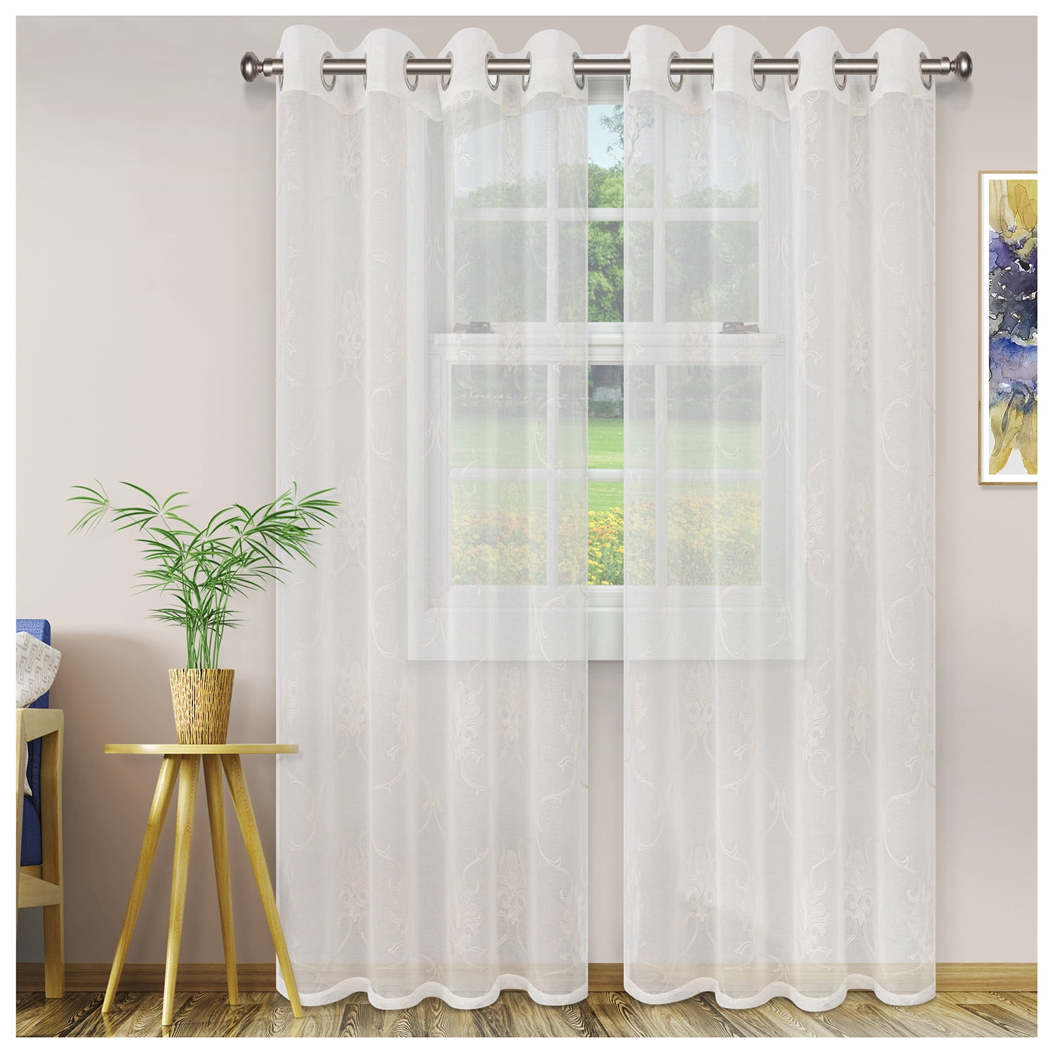 Embroidered Elegant Scroll Sheer Grommet Curtain Panel Set by Blue Nile
