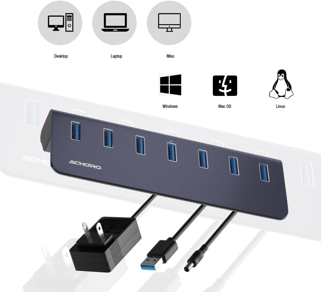 7 Ports Powered USB HUB – 2nd Generation 10GB Super Speed External Ports – USB 3.2 Aluminium USB for Computer, Mac, PCs, Smartphone & Tablets – Computer Multiple USB A & C Hub