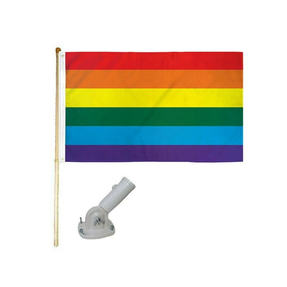 5' Wooden Flag Pole Kit W/ Nylon White Bracket 3x5 Rainbow Pride Polyester Flag