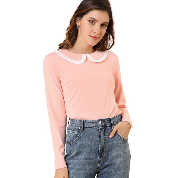 Blusa de manga larga Allegra K con volante en contraste y cuello Peter Pan para mujer Rosa L