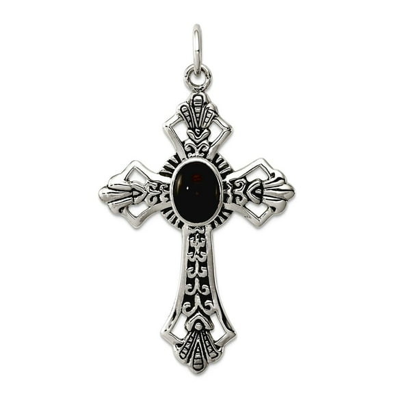 925 Sterling Silver Solid Oxidized Polished back Simulated Onyx Religious Faith Cross Pendant Necklace 43x27mm Wide Pend
