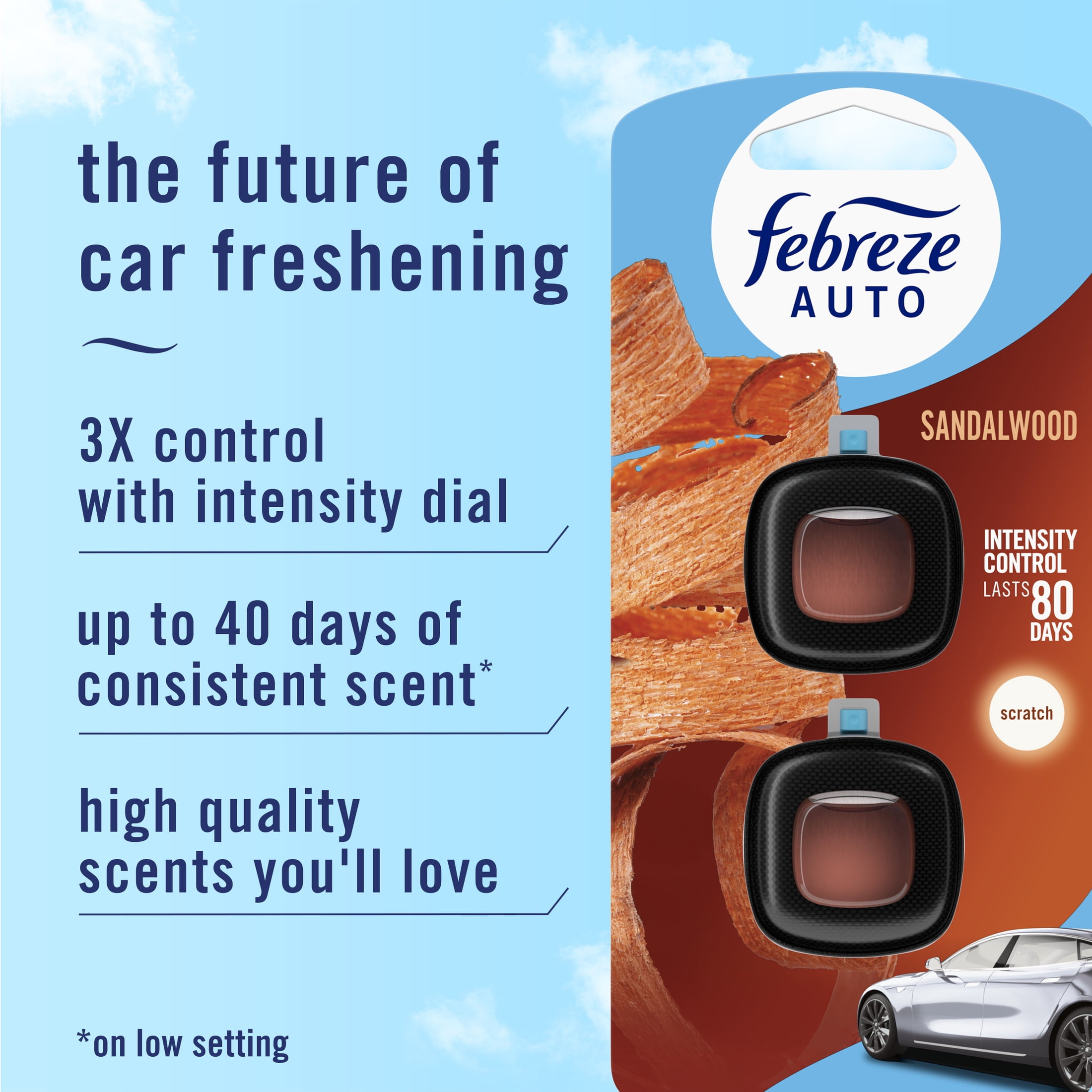 Febreze AUTO Car Air Freshener, Odor-Fighting Car Vent Clip, Sandalwood, 2 Count