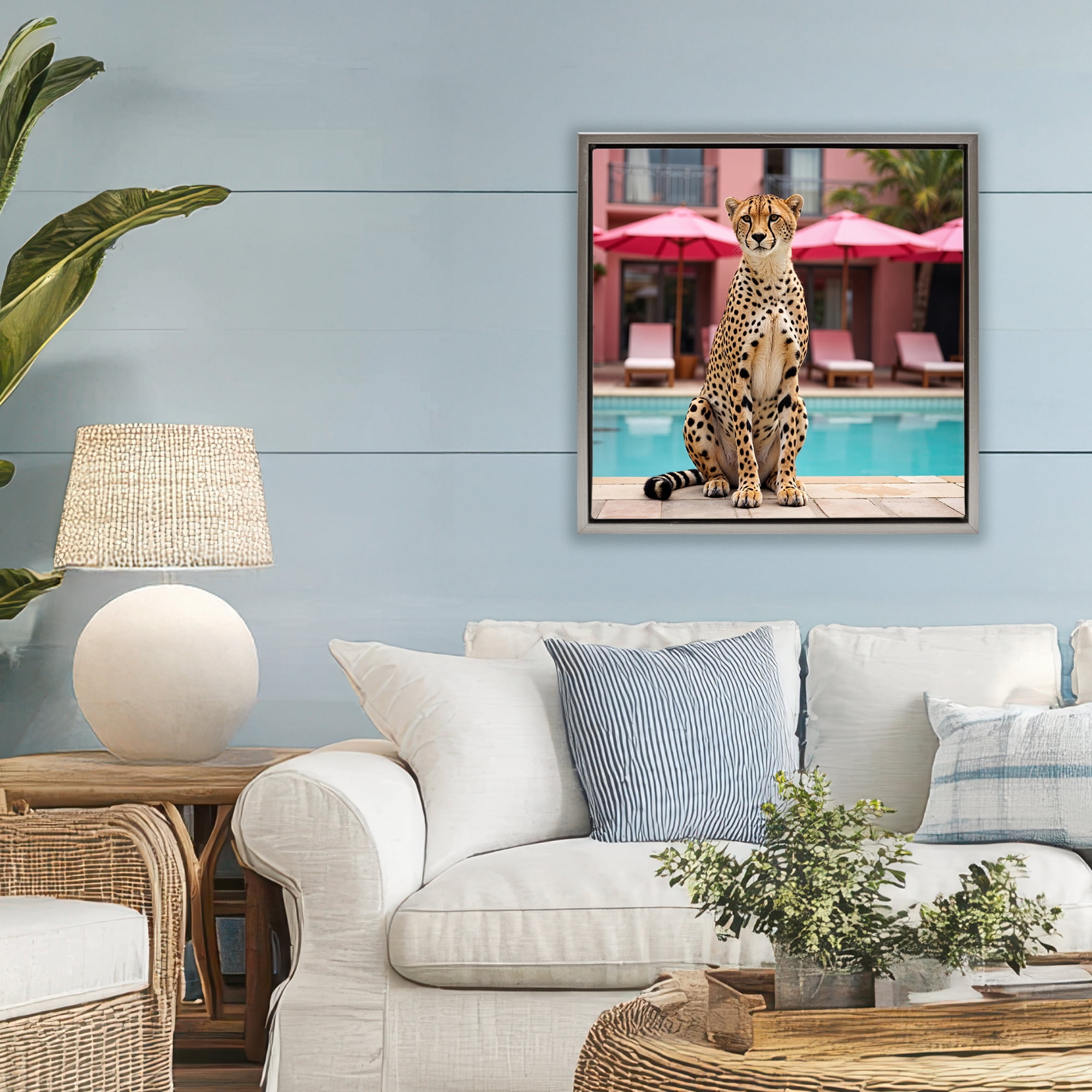 Cheetah Posed at Poolside Gray Framed Floater Canvas Wall Art, design by Lettered and Lined