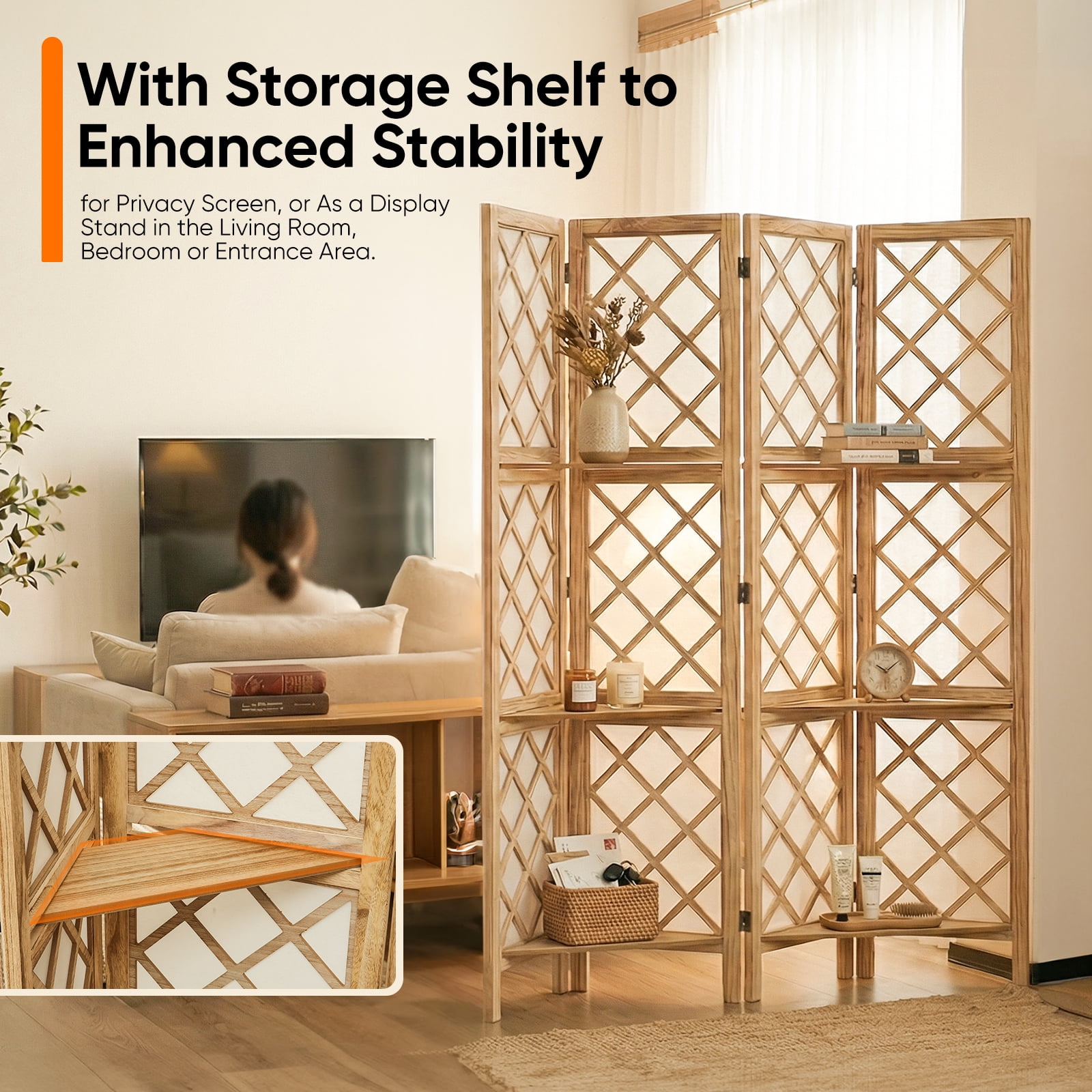 Jostyle 4/6 Panel Room Divider Privacy Screen with Storage Shelves Foldable Wood