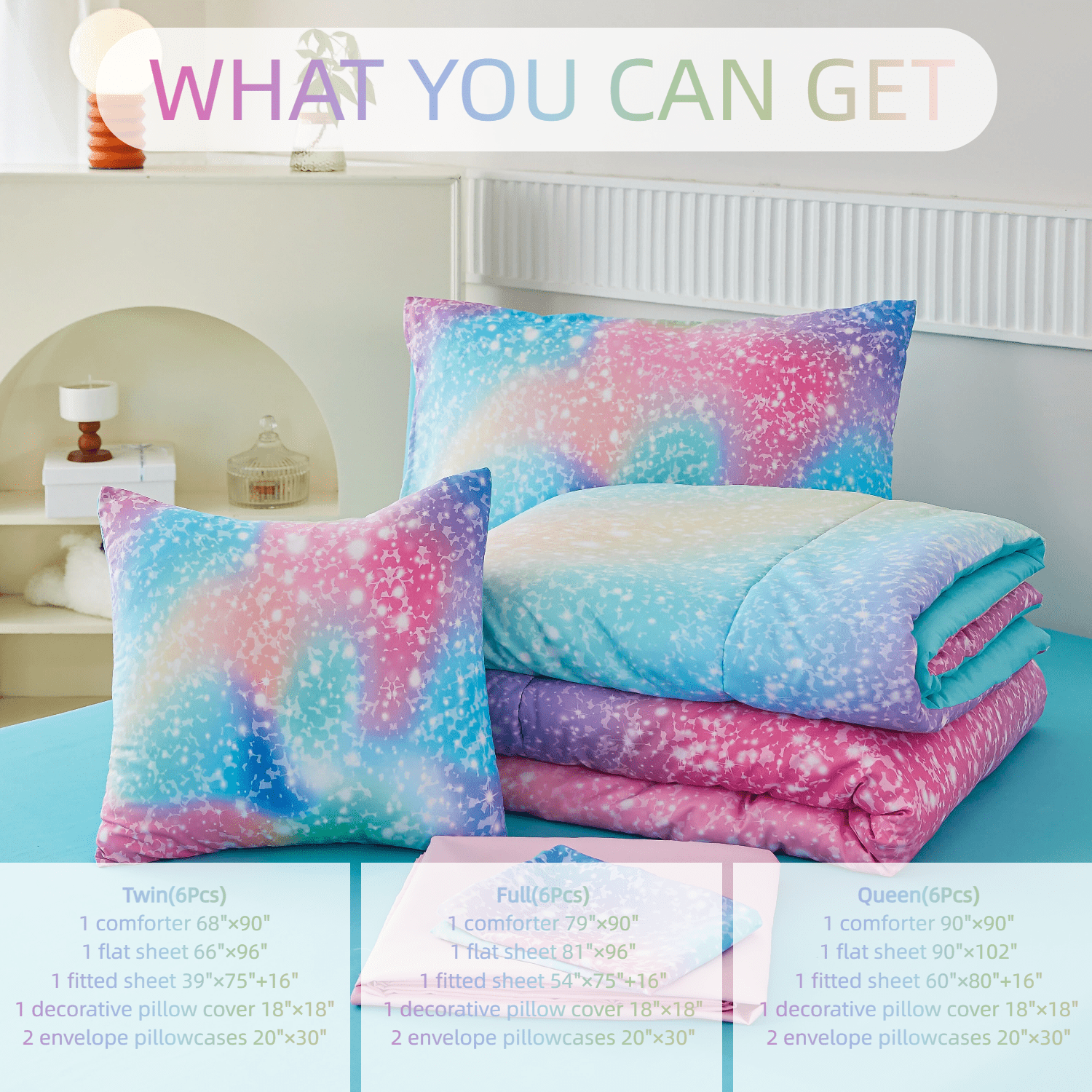 PERFEMET Kids Twin Comforter Set 6-Piece Rainbow  Bedding Set for Girls Teal Pink Galaxy Glitter Star Bed in a Bag for All Season(Rainbow,Twin)