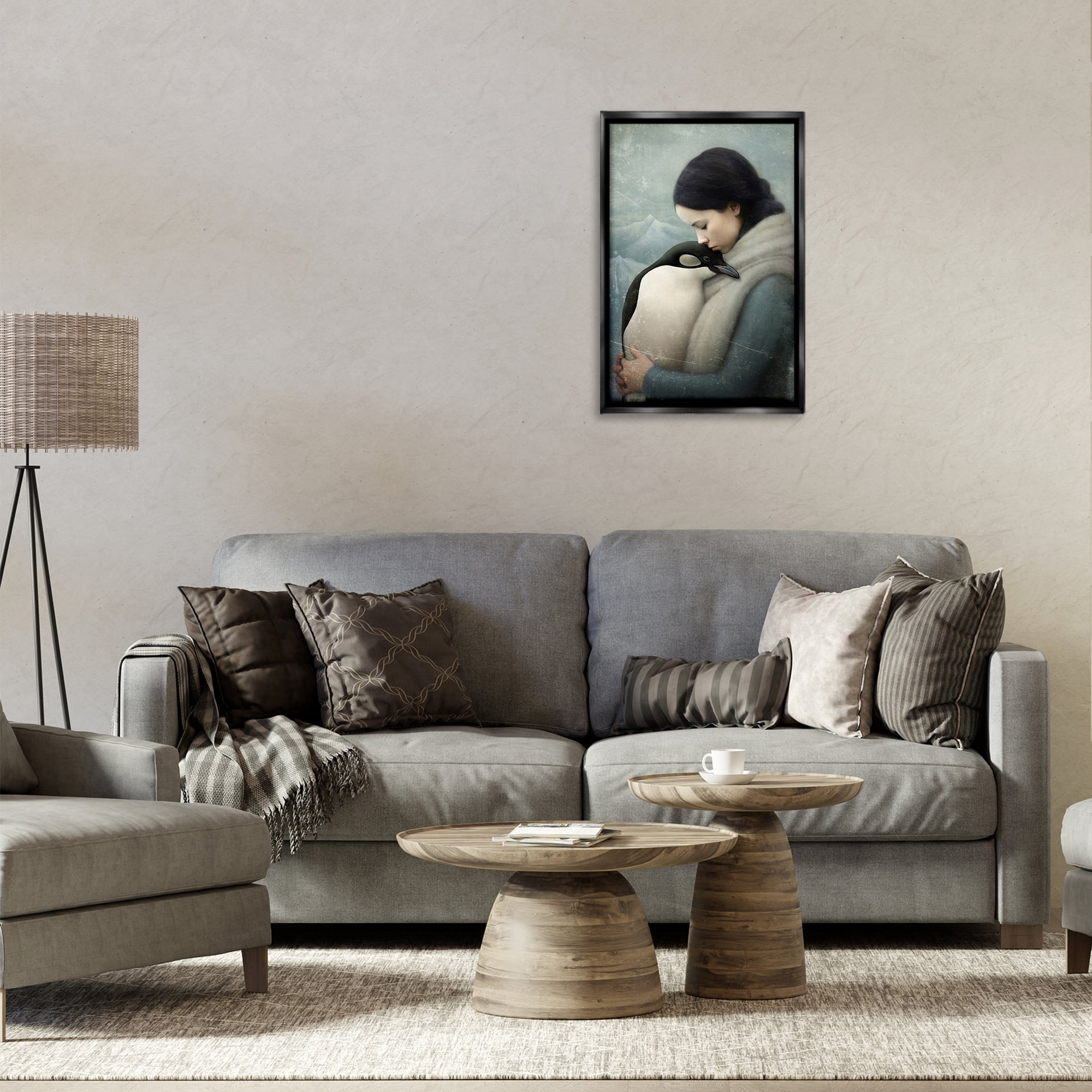Stupell Industries Girl and Her Penguin People Painting Black Floater Framed Canvas Art Print Wall Art, 17 x 25