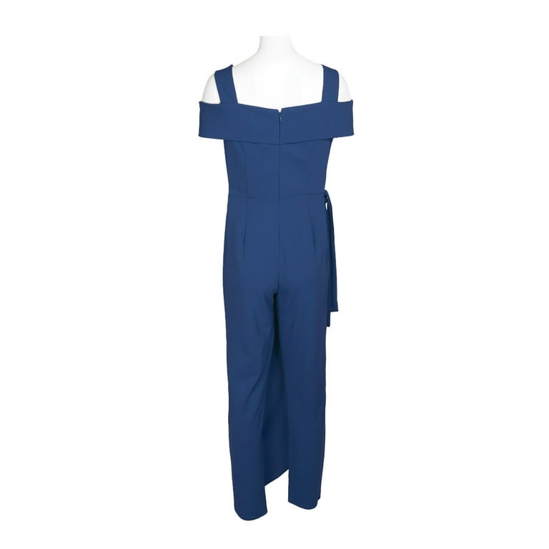 Marina Square Neck Off Shoulder Tie Side Zipper Back Faux Sarong Overlay Crepe Jumpsuit OLIVE 8
