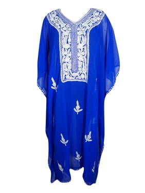 Mogul Womens Bright Blue Embellished Caftan Kimono Georgette Sheer Bikini Beach Cover Up Kaftan Dress