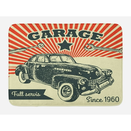 Pictures For Laundry Room Cars Bath Mat, Retro Car and Garage Advertising Poster Style Picture with Grunge Effects 1960s, Non-Slip Plush Mat Bathroom Kitchen Laundry Room Decor, 29.5 X 17.5 Inches, Emerald Orange, Ambesonne ()