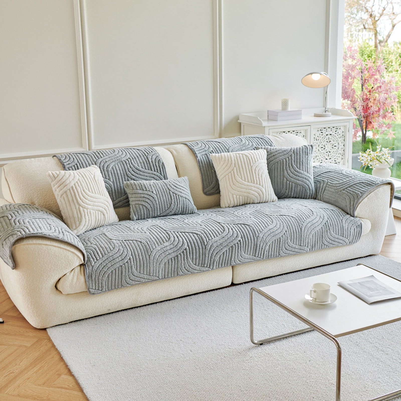 Qhnvtd Thick Sofa Cushion, Wool Sofa Pad and Couch Protector, Non Slip Washable Sofa Cover for 3 Seat Couch, Soft Comfortable Breathable Furniture Protector for Living Room Bedroom Office