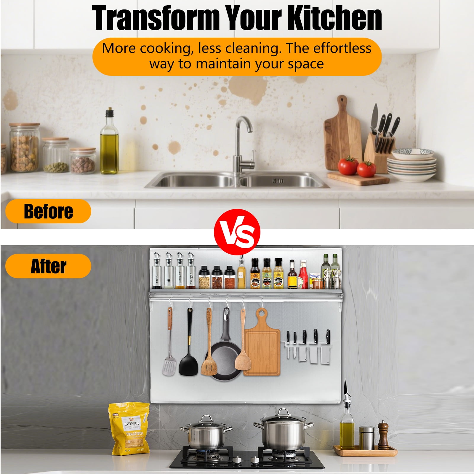 Accreate Stainless Steel Range Backsplash for Stove Hood - Wall Mount Kitchen Back Panel, Commercial Backsplash Shield with Storage Shelf & Knife Rack, Pre-Drilled Holes for Easy Installation