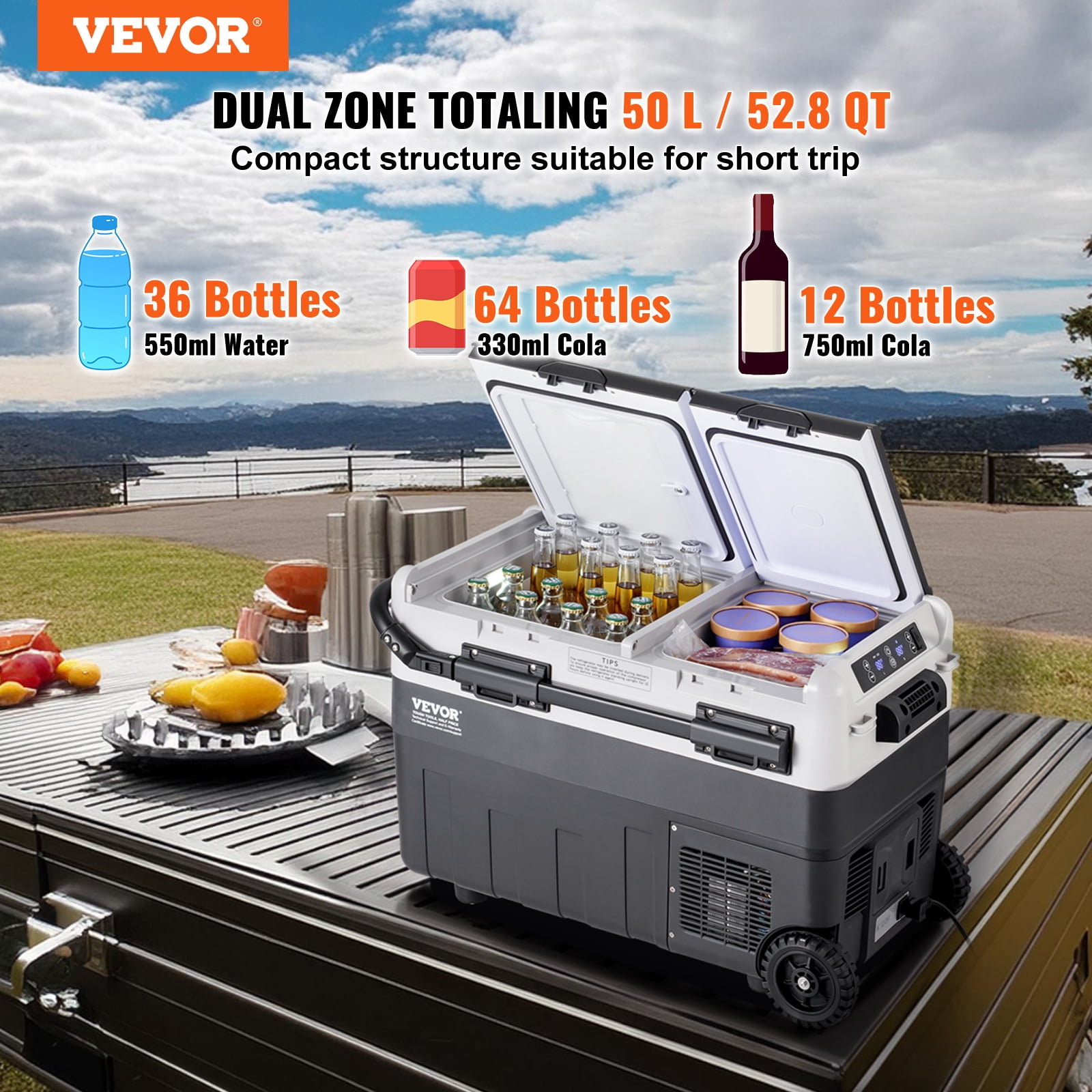 VEVOR Portable Car Refrigerator, 12 Volt Car Refrigerator Fridge, 50 L / 52.8 QT Dual Zone Portable Freezer, -4℉-68℉ Adjustable Temperature, Compressor Cooler
