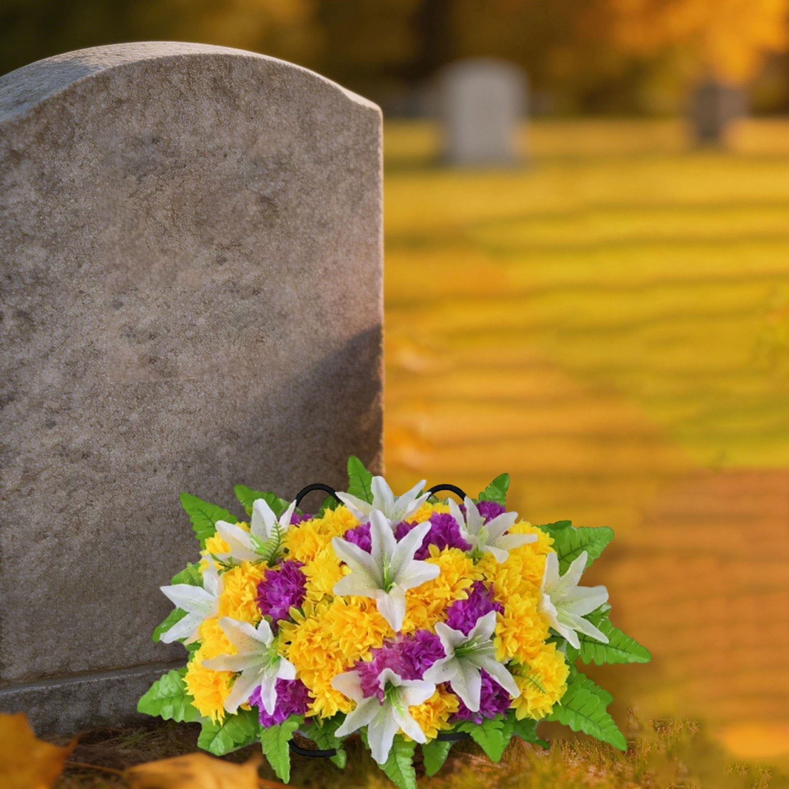 Headstone Flower Saddle, Large Artificial Cemetery Blooms, Grave Memorial Flowers, Lily Flower Chrysanthemum Mix, Outdoor Tombstone Decor, Grave Floral Saddle, Realistic Faux Arrangement