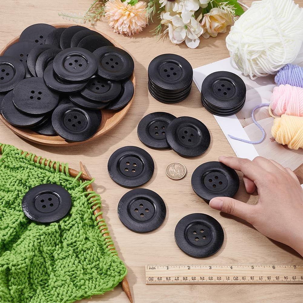 44Pcs Wood Buttons 4-Hole Flat Round Black 60x5mm Hole: 5mm