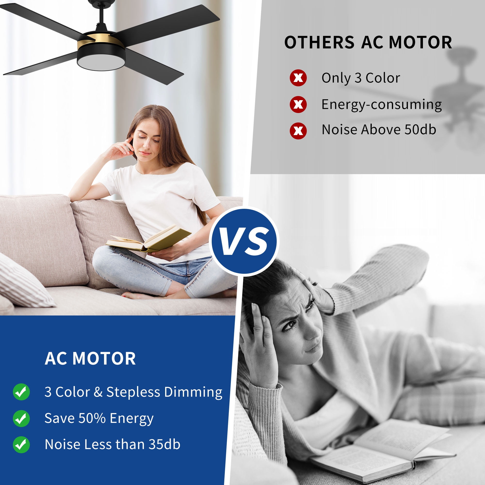 52in 4 Blades Modern Ceiling Fans with LED Light and Remote, 3 speeds and Night Light Mode - Black & Gold