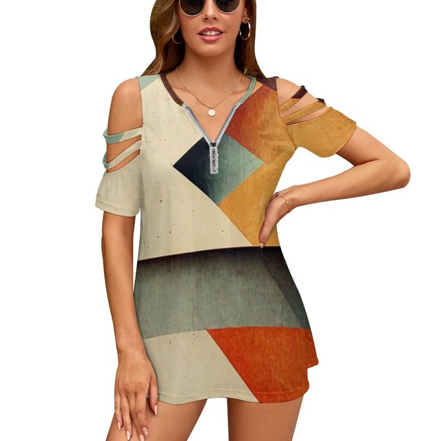 Dibis Ruffle Short Sleeve T-Shirt Women'S V Neck Sexy Printed T Shirt Tops Abstract Geometric Pattern Angular Texture Lines