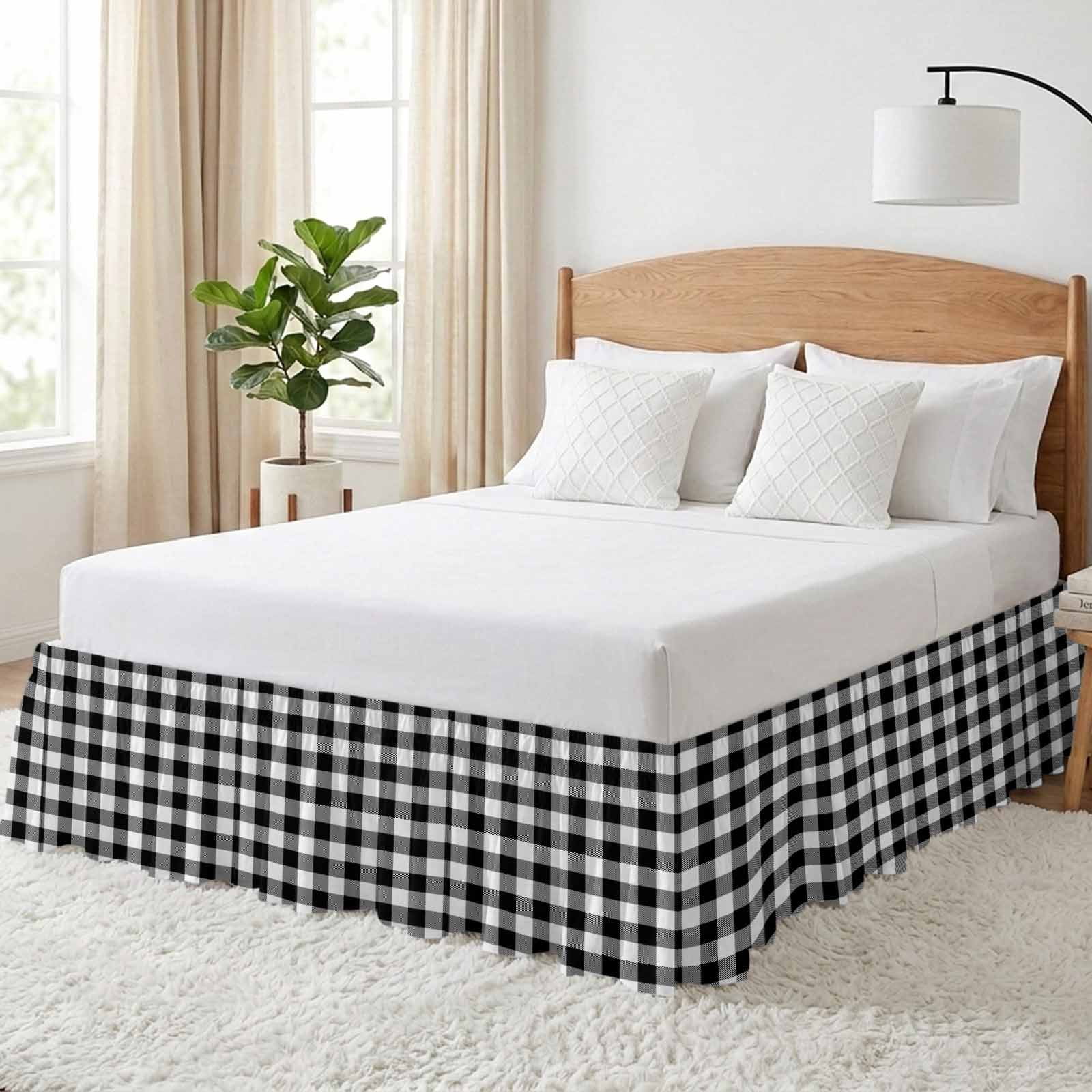 Bed Skirt Black Check Plaid Adjustable Elastic Wrap-Around Dust Ruffle with Black White Farmhouse Style 16 Inch Drop, Bed Frame Cover for Queen Size Bed