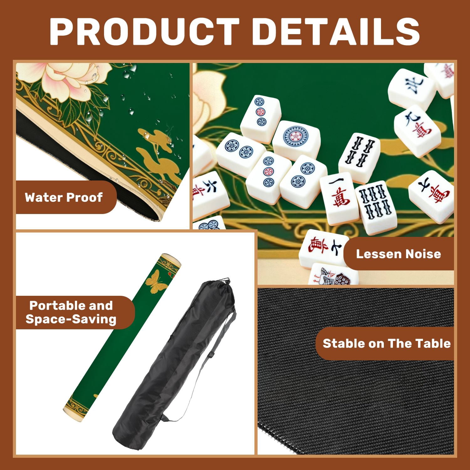 Mahjong Mat 31.5" x 31.5" Elegant Crane Peonies Cherry Blossoms Butterfly Traditional Style Non-Slip Noise Reduction American Mahjong Tiles Table Cover for Dominoes Poker Card Board Games Gift
