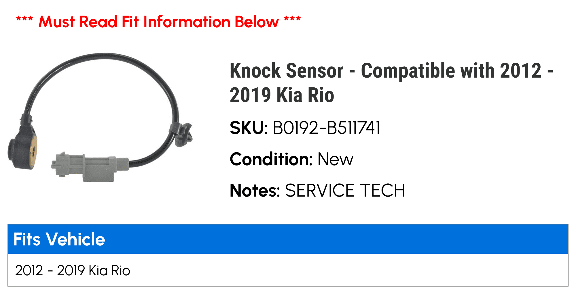 Knock Sensor - Compatible with 2012 - 2019 Kia Rio 2013 2014 2015 2016 2017 2018