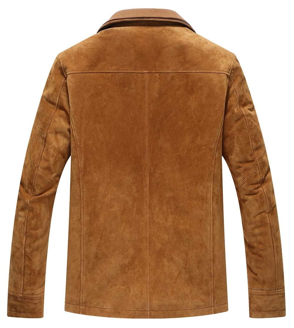FLAVOR Men's Classic Leather Jacket Suede Winter Coat with Removable Collar (XX-Large, Brown)