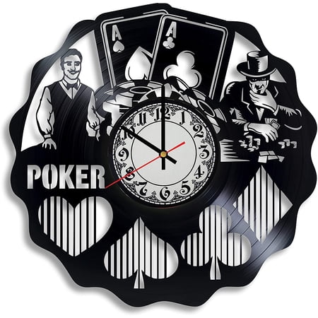 Poker Vinyl Wall Clock, Gifts for Him, Poker Wall Clock - Casino Vinyl Clock Theme Party Decorations Full House Board Game Decor