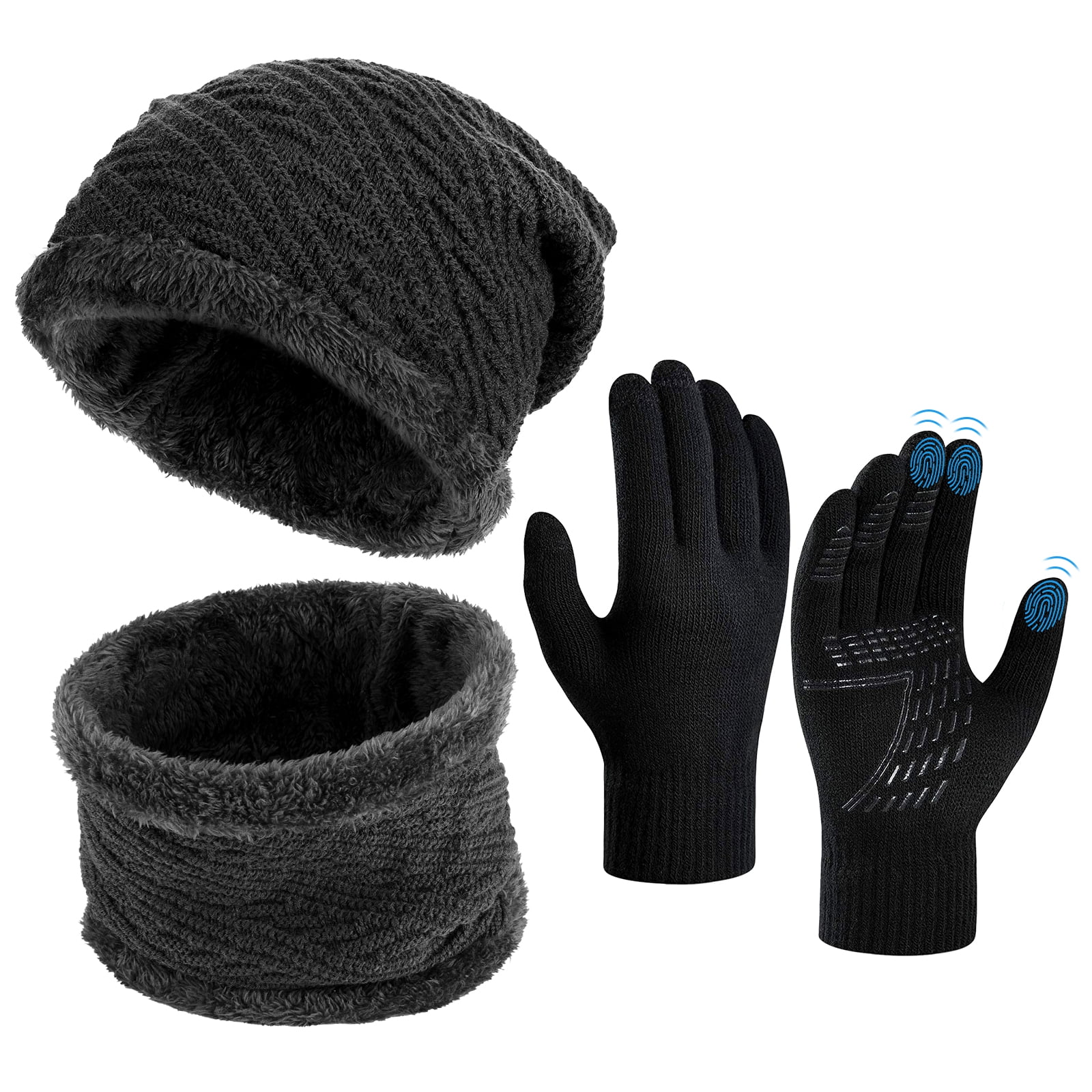 Gray Winter Beanie Hat Scarf Set for Men Touch Screen Gloves Knitted Cap 3 Piece 