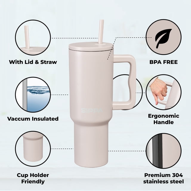Gobelet en Acier Inoxydable de 40 oz avec Couvercle à Paille – Rétention Chaude et Froide de 24+ Heures, Conception Étanche au Quart de Tour, Compatible avec Porte-Gobelet – Beige Doux