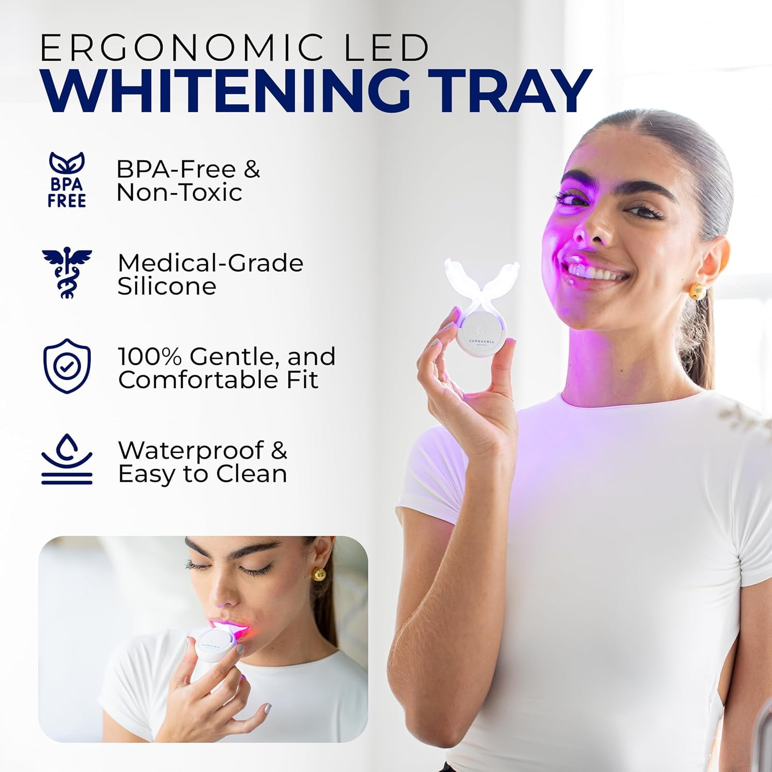 Euphauria Teeth Whitening Kit with LED Light, At-Home Sensitive Teeth Whitener, Red and Blue UV Whitening Spectrum