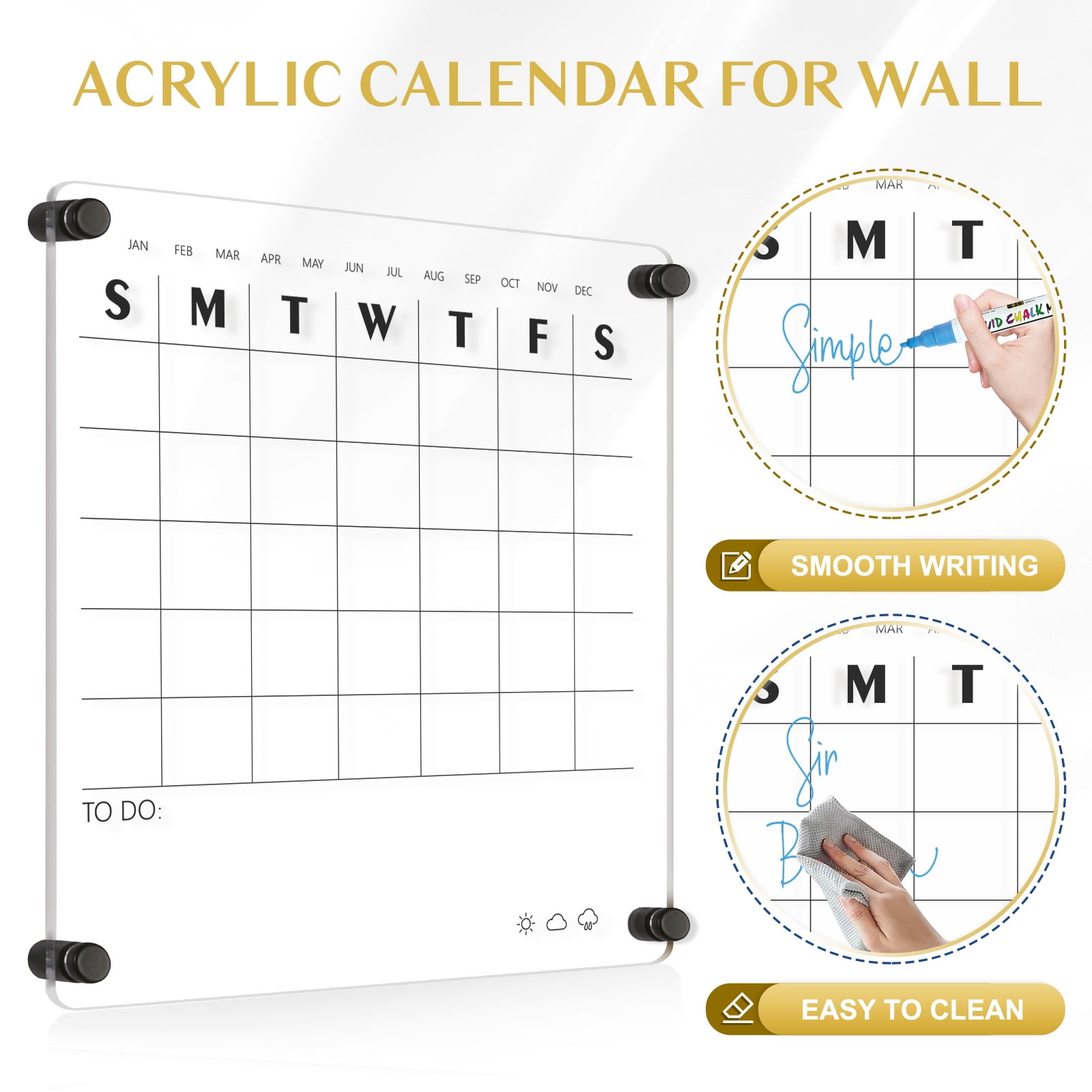 DOLLAR BOSS Reusable Acrylic Wall Calendar Clear Acrylic Monthly Wall Mounted Calendar Non-Magnetic 12"x12" Month Planner Memo Board for Home, Office, School, Task Organizer