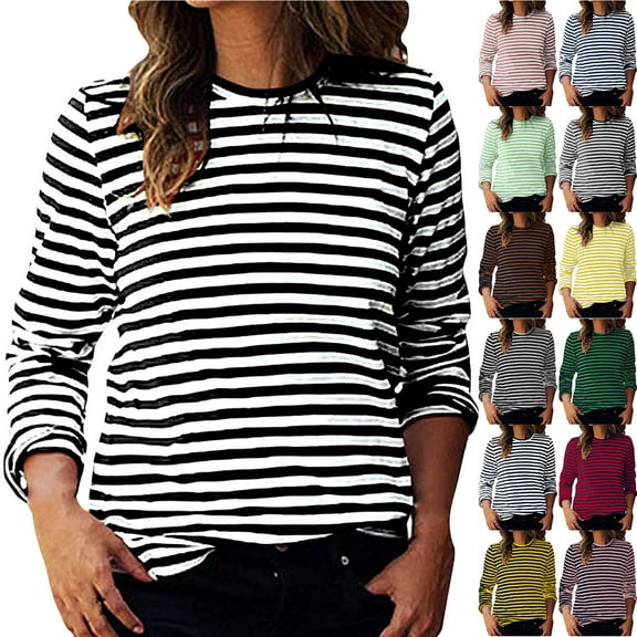 Otntypg Fall Striped Shirts for Women Lightweight Casual Plus Size Long Sleeve Basic Crewneck Pullover Sweatshirts Loose Oversized Dressy Tunic Blouse Navy XXXL