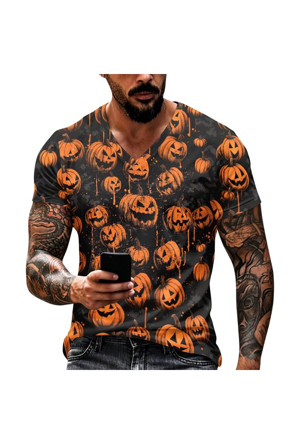 Funny Halloween Costume Short Sleeve Tops, Classic Ghost Bat Pumpkin V Neck Casual Street Fashion Mens Tees