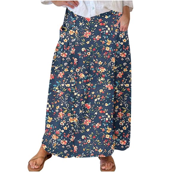 Cavosen Floral Skirts for Women Elastic Waist Midi Skirts Floral Skirts Trendy Date Night Cocktail Party Skirt with Pocket
