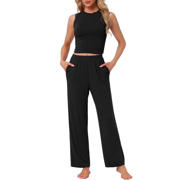 Conjunto de lounge para mujeres INSPIRE CHIC, top sin mangas y pantalones, pijama sólido en negro