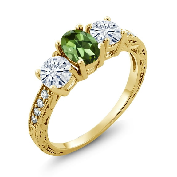 Gem Stone King 18K Yellow Gold Plated Silver 3-Stone Ring Tourmaline Moissanite(1.82 Cttw) (Size 5)