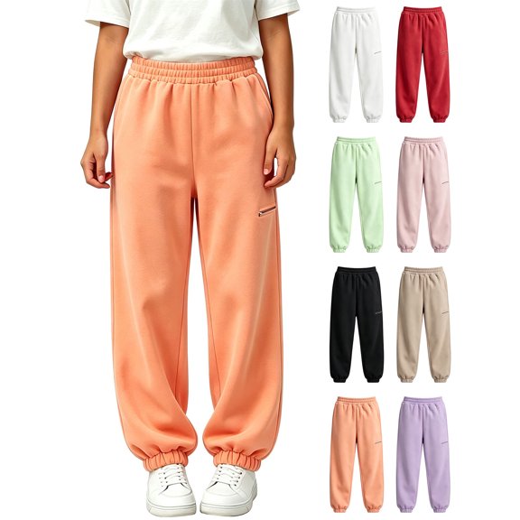 Xaqiouau Girls Cuffed Jogger Sweatpants Relaxed Fit Elastic Waist Kids Sport Pants with Zip Pocket Solid Color Casual Trousers Fall Winter School Activewear Orange 160