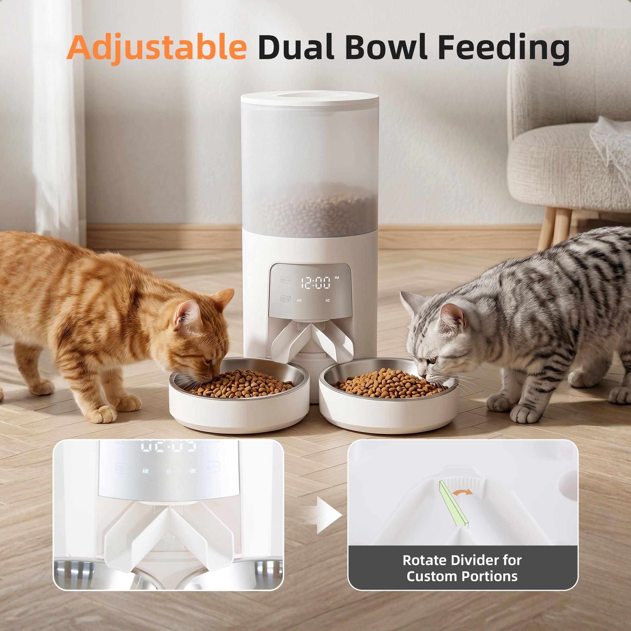 EDX 6L Automatic Cat Feeder for 2 Cats,&nbsp;Timed Cat Food Dispenser with 2 Stainless Steel Bowls, 10s Voice Recorder & Dual Power, Pet Feeder for Cats & Dogs, White