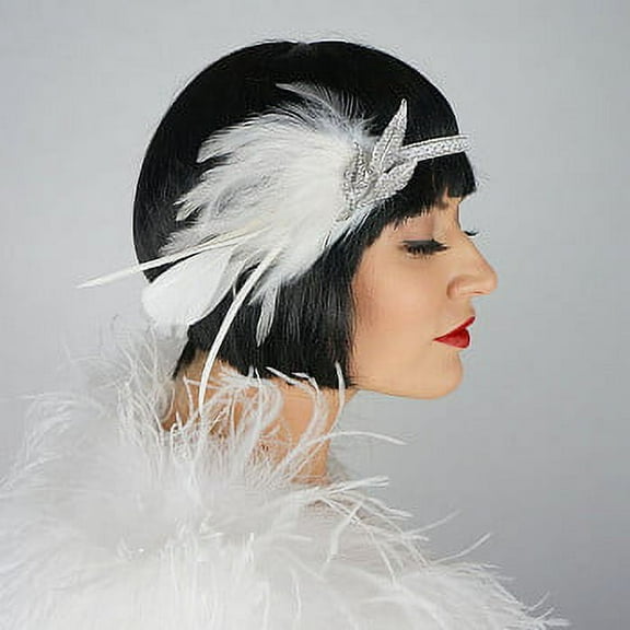 ZUCKER Roaring 20's Bridal Gatsby Feather Headband with Rhinestone Leaf (White and Silver)…