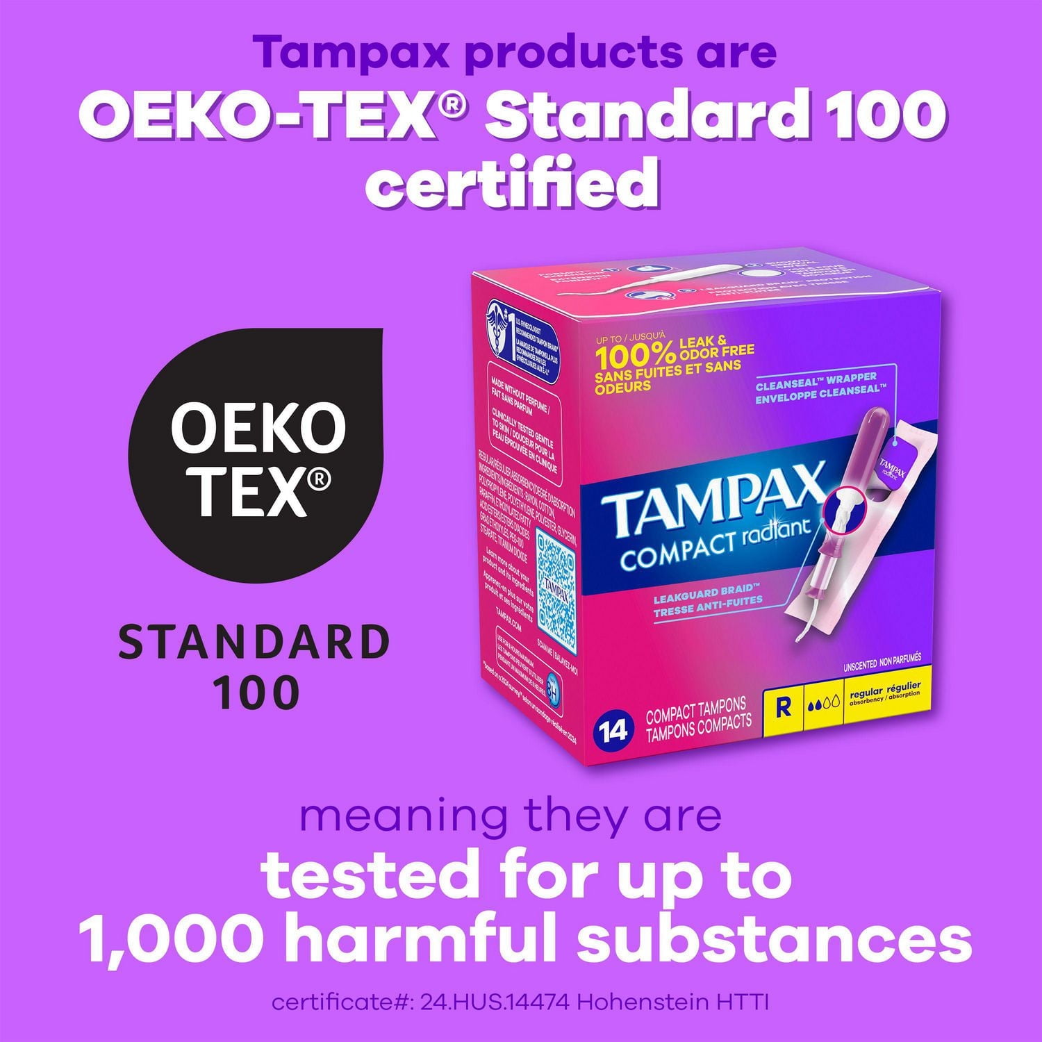 Tampons Tampax Radiant compacts, avec tresse anti-fuites LeakGuard et applicateur extensible, degré d’absorption super, non parfumés, 28tampons 28CT