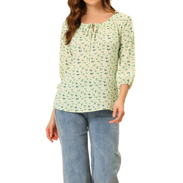 INSPIRAR CHIC Blusa de Mujer de Manga 3/4 Cuello Redondo Floral de Verano S Verde Blanco