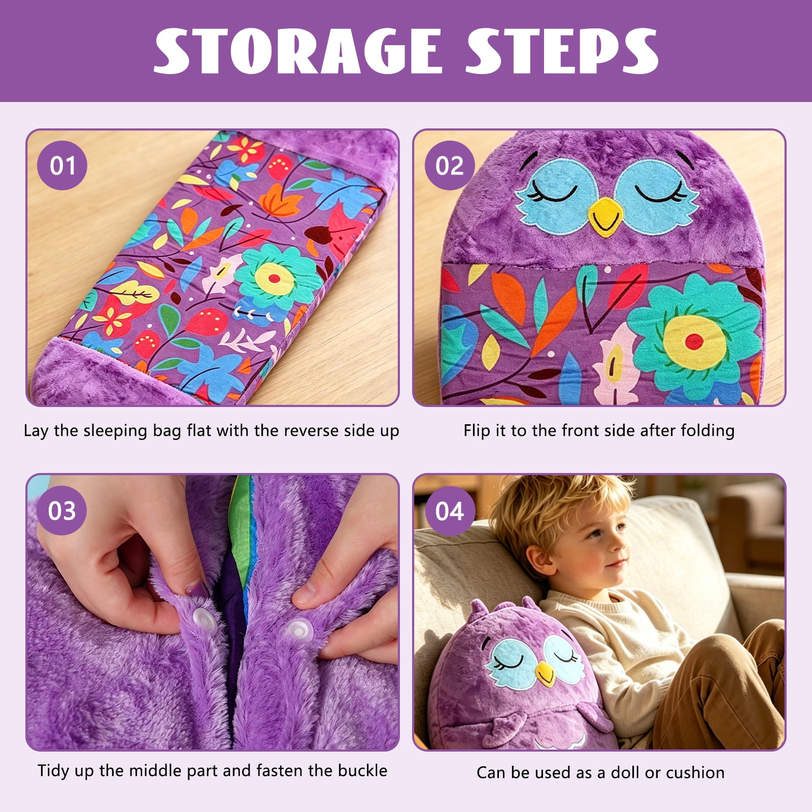 Kids Owl Sleeping Bag with Pillow - 2-in-1 Foldable, All Seasons, Soft & Warm (54"x20")